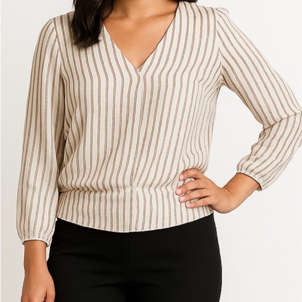 Boho Cottagecore Striped Wrap Blouse XS Cream Brown Peasant Top